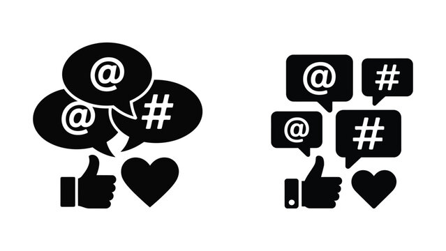 Social media engagement icons, likes, comments and hashtags
