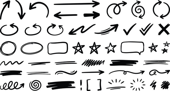 Hand Drawn Black Marker Arrow and Sketch Element Set with Underlines Circles Stars Checkmarks and Speech Bubble Symbols for Planners Journals and Infographic Designs