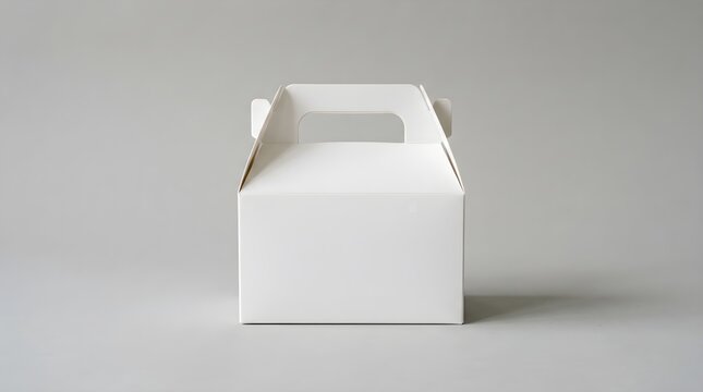 Isolated blank white cardboard carry box with handle mockup against a light gray backdrop ideal for showcasing product presentation and branding designs