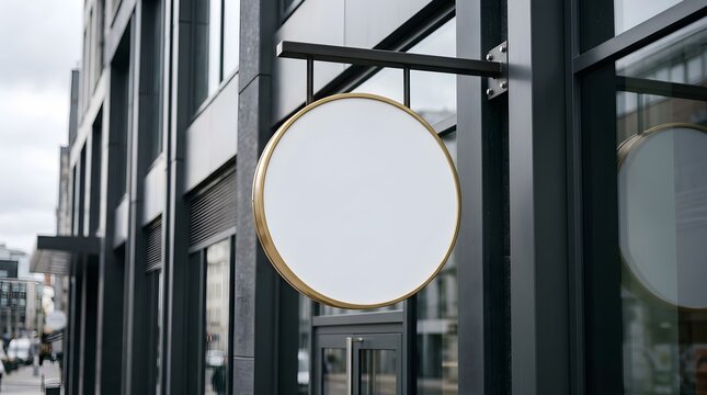 Blank round sign hanging from a modern building facade ideal for branding and promotional display mockups