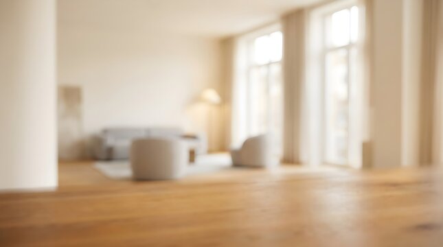 A softly blurred perspective of a contemporary living room interior design featuring a neutral color palette and gentle sunlight through the windows