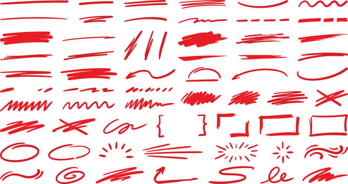 Hand Drawn Red Marker Highlight Element Set with Scribble Underlines Text Marks Circles Frames and Cross Outs for Proofreading Planners and Editing Designs
