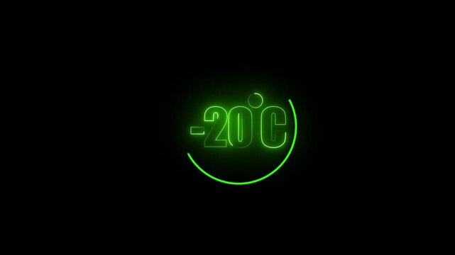 Temperature indicator displays minus twenty degrees Celsius in a glowing green neon circular design element that provides a clear visual signal for cold climate conditions and industrial.