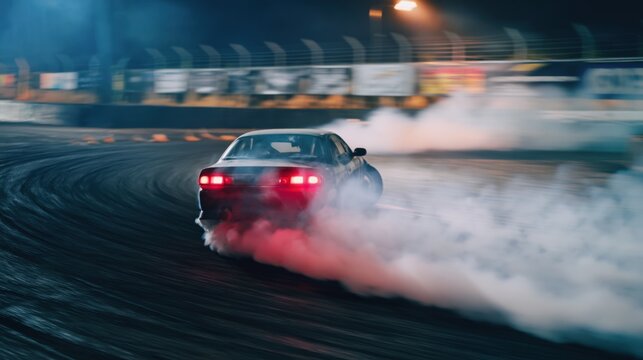 Nighttime sports car drifting through racing track corner with glowing taillights and tire smoke under dramatic circuit lights