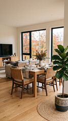 Fototapeta premium Modern dining area with table set for meal, overlooking autumn trees, symbolizing cozy, natural home atmosphere, ideal for lifestyle or interior design.