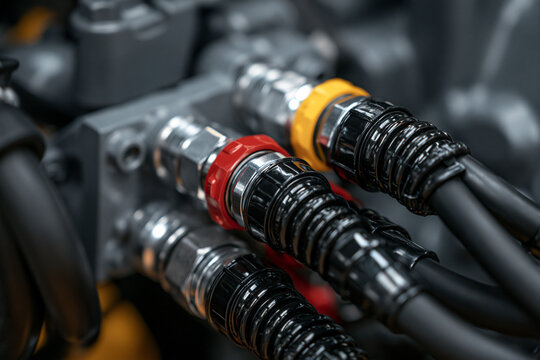 Close-up of hydraulic hoses and couplings connected to an industrial engine. This mechanical detail is perfect for heavy machinery and engineering maintenance concepts.