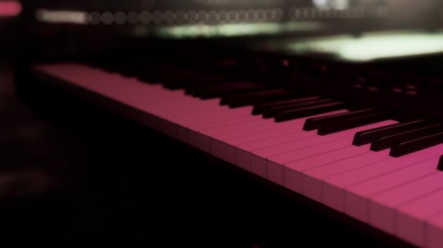 A person plays a piano in a club with low lighting. The keys are visible and highlighted in a soft glow. The atmosphere feels musical and intimate.