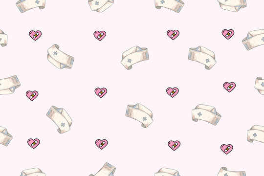 Nursing Care Pattern with Nurse Hats and Hearts for Healthcare Background Design