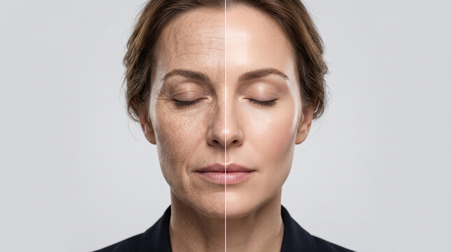 Split face portrait of a European woman with closed eyes showing before and after skincare. Left side displays wrinkles and aging, while the right side reveals smooth, glowing, youthful skin.