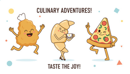 Fototapeta premium Adorable food characters including a croissant, chicken nugget, and pizza celebrate culinary adventures together.