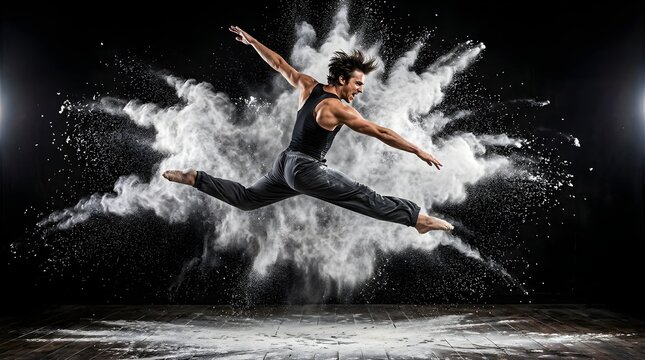 Athletic male dancer performing a powerful jump with exploding powder