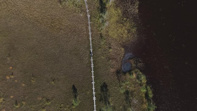 High angle aerial view of a hiker on boardwalk path in Koli National Park, summer