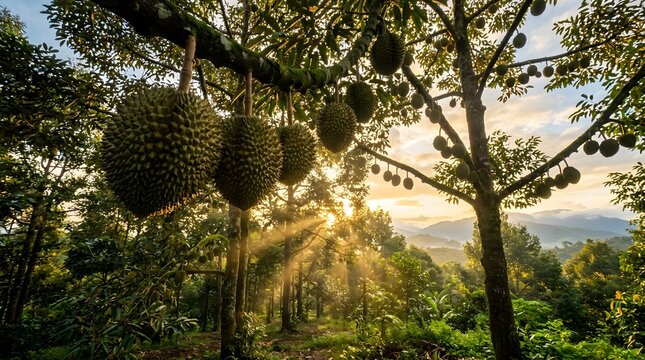 Ripe durian fruit hanging from branches in a tropical orchard during sunrise.