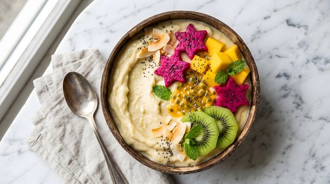 A delicious smoothie bowl adorned with vibrant star-shaped dragon fruit, kiwi, and mango slices.