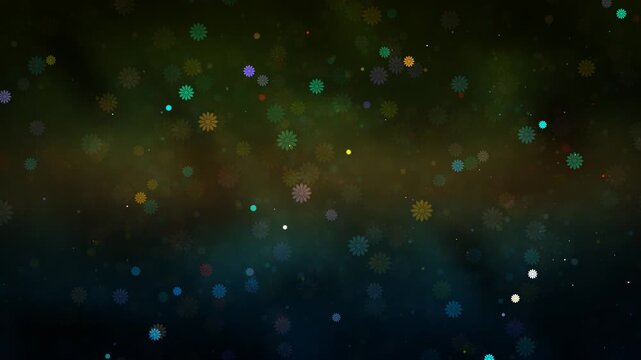 Vibrant flower shapes drifting and whirling through a deep, atmospheric space filled with nebulous colors and glowing accents, loopable animation