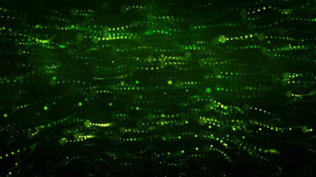 shimmering green particles and glowing shamrocks flowing across a dark space, perfect for st. patrick's day designs, loopable vibrant abstract background