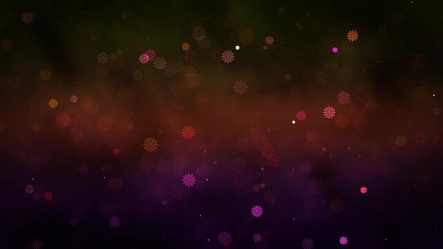 colorful flowers bokeh floating and whirling across a dark gradient, creating a magical and festive mood, vibrant loopale digital background