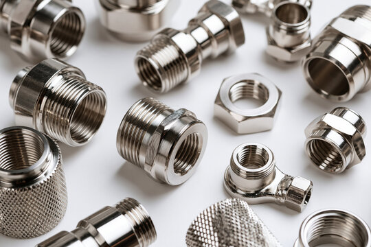 A collection of shiny metal pipe fittings and adapters isolated on white background. Useful for plumbing industry and industrial construction hardware components.