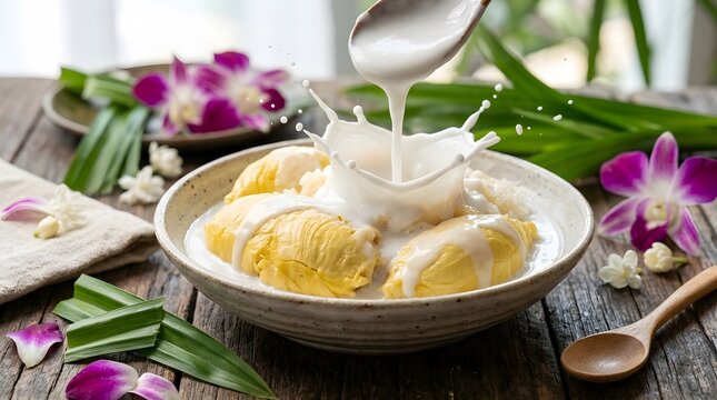 Durian sticky rice dessert with coconut milk pouring into a bowl on a rustic wooden table.