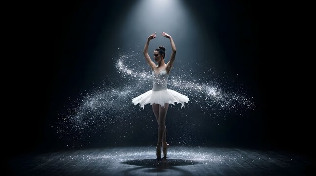 Elegant ballerina in white tutu performing dance under spotlight with glitter