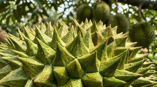 Close up of durian fruit hanging on tree in tropical orchard.