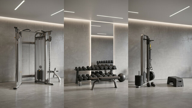 Three views of a minimalist gym interior with weight racks and strength training machines