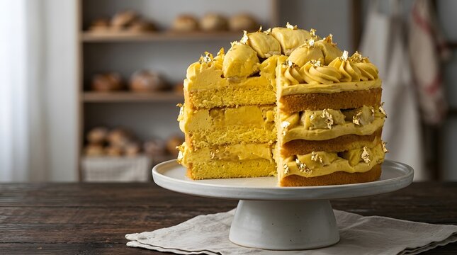 A large yellow cake with layers of sponge and cream on a white stand.