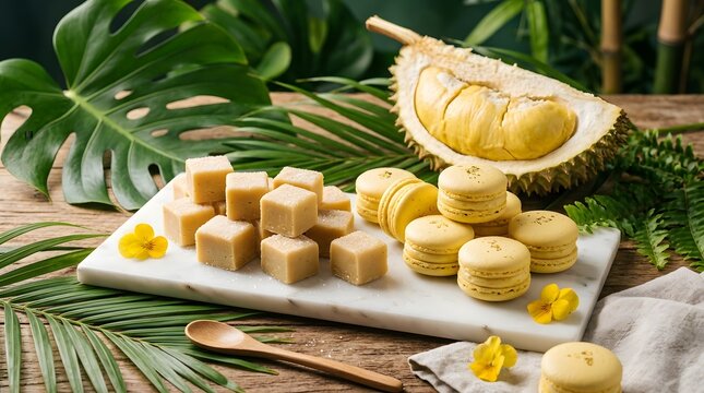 Fresh durian fruit alongside sweet yellow pastries on a wooden table setup.