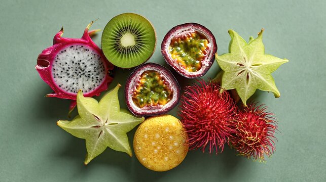 Colorful assortment of exotic tropical fruits arranged on green background flat lay