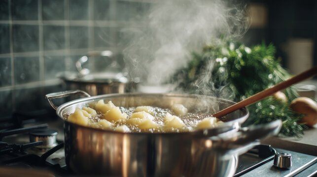 Steaming chopped potatoes simmering in stainless steel pot with wooden spoon and fresh herb sprig in cozy home kitchen