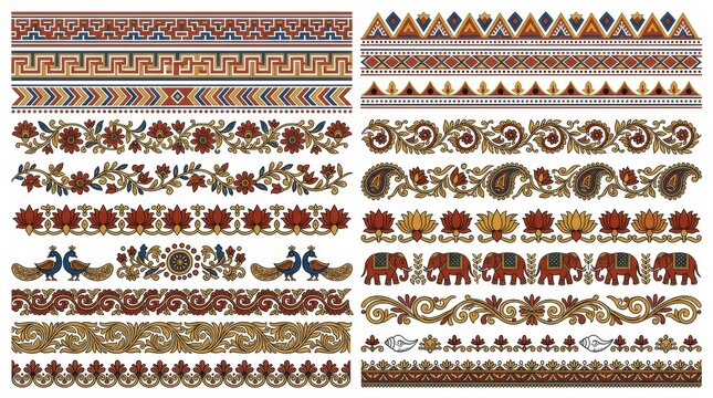 Collection of traditional indian decorative border patterns featuring intricate floral motifs peacocks elephants and ethnic geometric cultural design elements