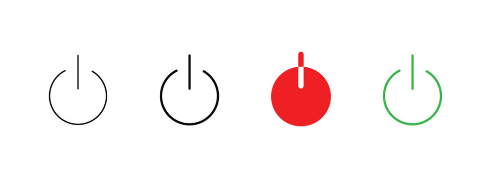 Set of power button icons showing different styles including outline and a solid red circle design