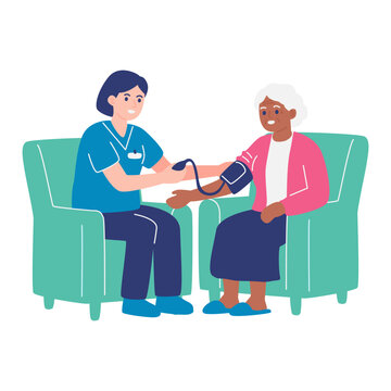 Nurse measuring blood pressure of senior woman in armchair, elderly home healthcare and medical checkup concept