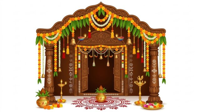 Traditional indian wedding stage decoration with wooden pillars floral garlands and golden lamps isolated on a white background