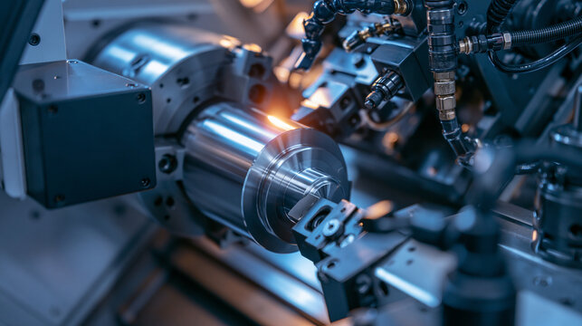 A metal part is precision-machined by an automated lathe in a high-tech factory. This represents advanced metalworking and precision engineering in modern industry.