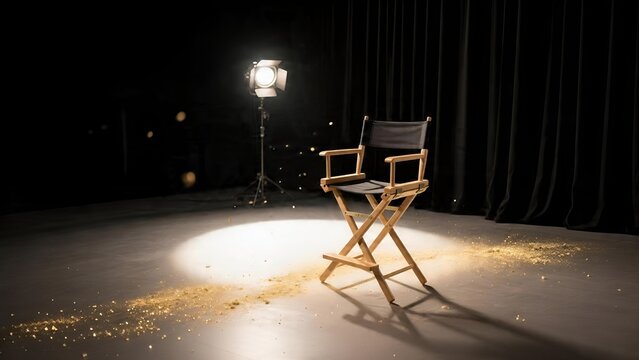 Empty film director chair illuminated by a single spotlight on a dark stage.