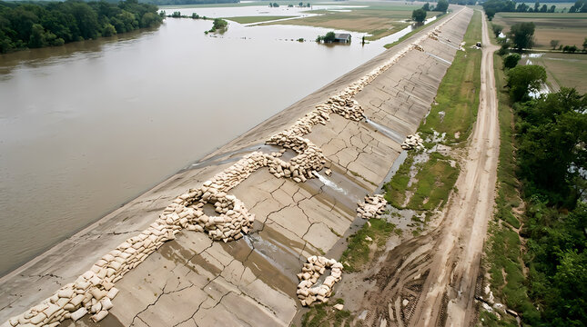 Aerial view showing river levees reinforced with sandbags during severe weather events to prevent water overflow and property destruction in rural agricultural areas facing high risks from