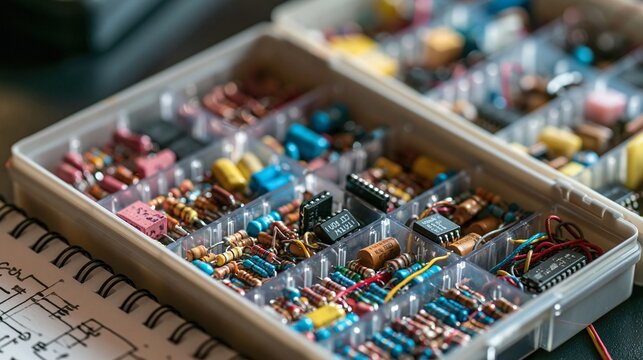 Plastic organizer box filled with assorted small electronic components and resistors