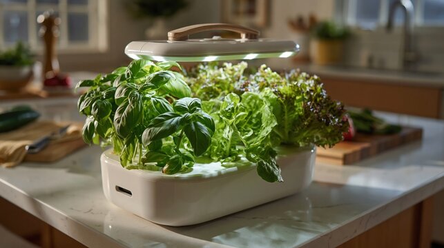 Modern hydroponic tabletop garden with lush green lettuce growing under artificial light for healthy home food and technology themes