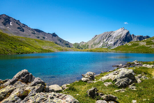 Alpine Jovet lakes with clear reflection in Les Contamines-Montjoie, France