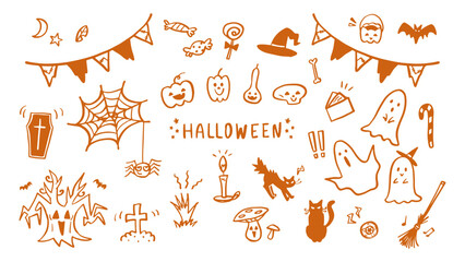 Fototapeta premium ハロウィン 手描きのおしゃれなブラシ線画イラストセット