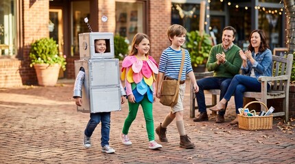 Fototapeta premium Children celebrate in a courtyard costume parade
