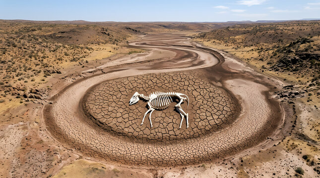 A sun bleached horse skeleton rests upon the parched earth of a dried riverbed in an arid desert landscape during a period of extreme climate change manifesting as a severe global water shortage