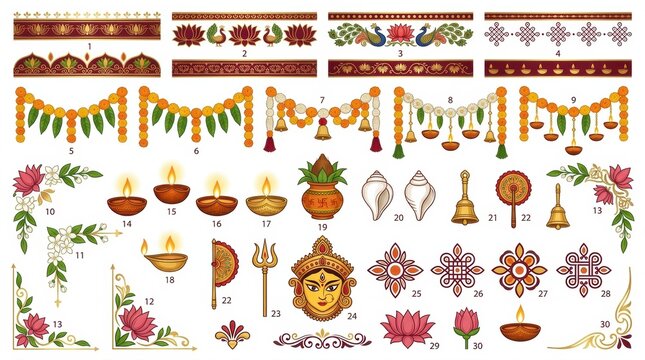 Collection of traditional indian festival decorative elements including marigold garlands oil lamps rangoli patterns and religious symbols for celebration