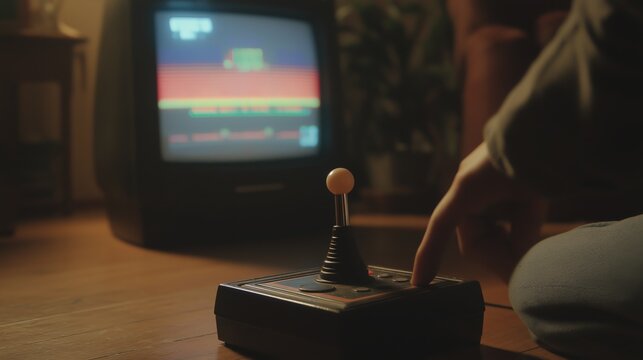 Medium shot of hand gripping tall retro arcade joystick base while colorful CRT television screen glows in dim nostalgic gaming room