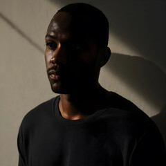 Obraz premium Mental health and emotional struggle, pensive young african american man in shadow with thoughtful expression
