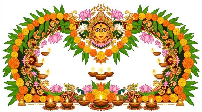 Traditional indian festive background featuring a decorative floral arch with marigold flowers and glowing oil lamps for diwali celebration