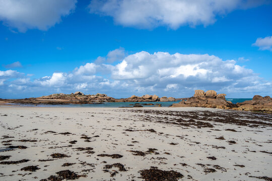 Coz Pors beach with granite reef in Tregastel, Brittany, France