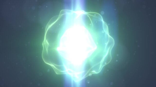 Brilliant green plasma orb wrapped in flowing luminous waves and particles