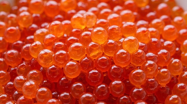 Close up of bright orange salmon roe eggs with a beautiful texture and vibrant color
